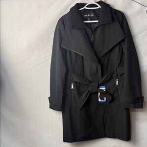 Halston Heritage Black Belted Trench Coat with Ribbed Collar